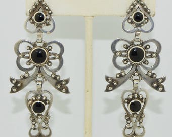 1940's Sterling Silver & Onyx Long Dangle Earrings