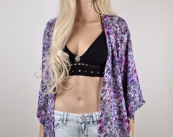 Boho Kimono, Gypsy Kimono, Festival Kimono, Summer Kimono, Beach Cover Up, Purple Floral Kimono