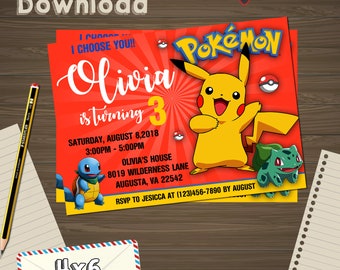 Pokemon Birthday, pokemon Invitation, pikachu Invite, pokemon Instant Download, pokemon Editable PDF, pokemon Editable