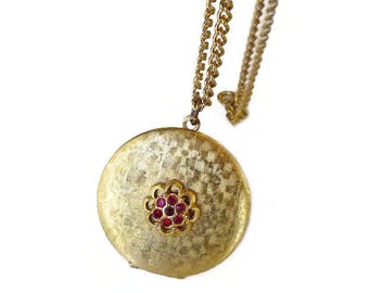 Vintage Gold Tone Red Rhinestone Locket - Brushed Gold, Rhinestone Locket, Vintage Locket, Vintage Necklace, Vintage Jewelry