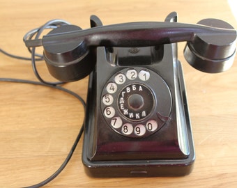 Black Bakelite Rotary Telephone - 50s Soviet Dial Desk Phone - VEF - Antique Russian Office Decor - Collectibles - made in USSR