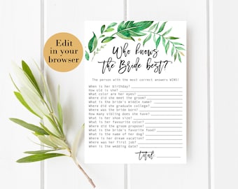 Who Knows the Bride Best Editable Greenery Bridal Shower Game Bridal Shower Printables Bridal Shower Know The Bride Quiz Know the bride game