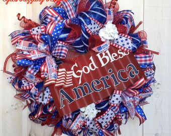 Patriotic Wreath Bless America Wreath deco mesh Fourth of July Memorial Day Red White Blue Patriotic wired ribbon DecoExchange