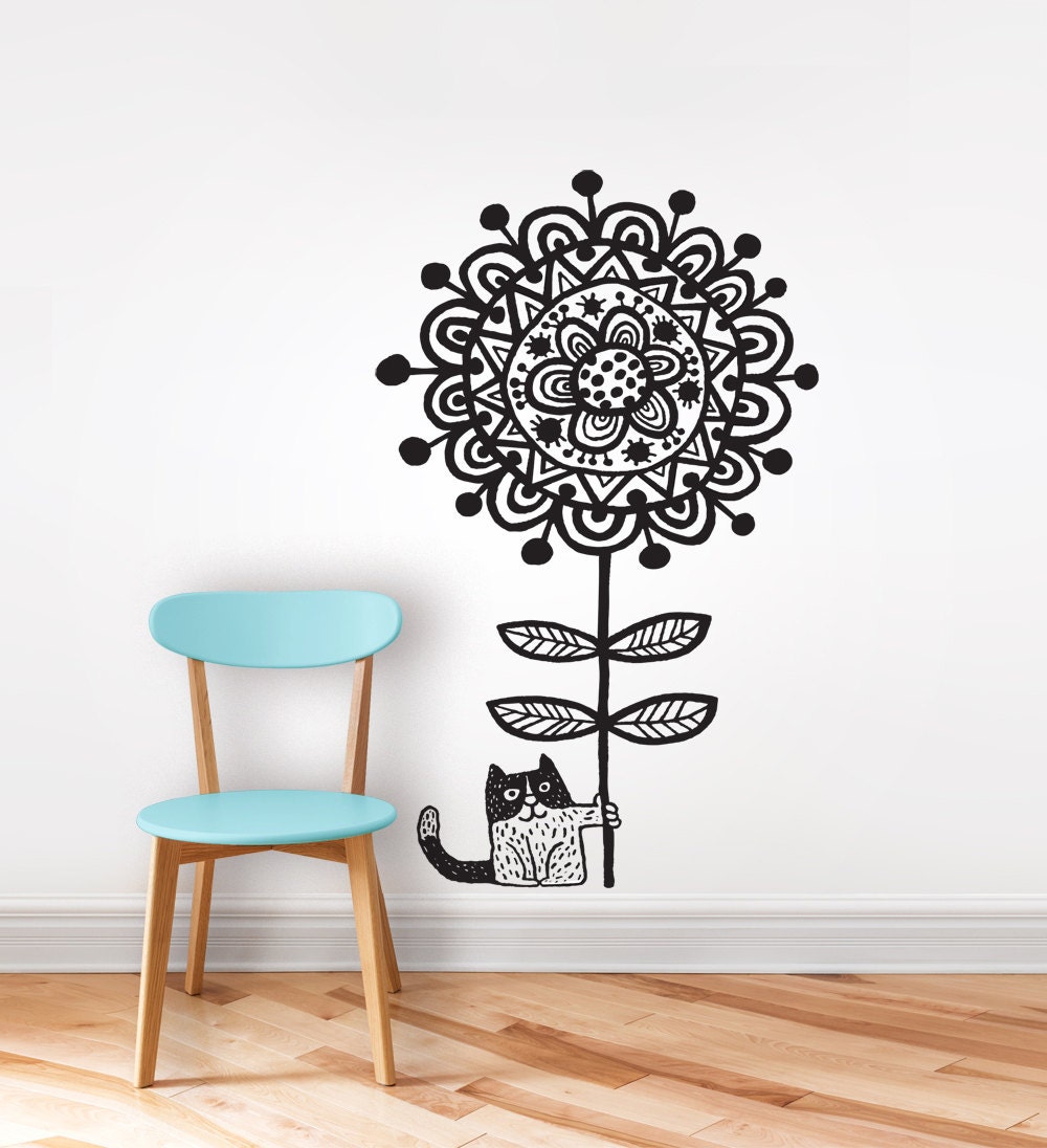 Wall decal / wall sticker / Cat with flower / Home decor
