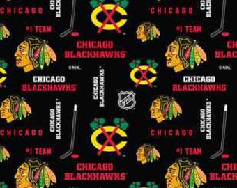 NHL CHICAGO BLACKHAWKS Black Hockey 100% cotton fabric material you choose length liscensed for Crafts, Quilts, clothing and Home Decor