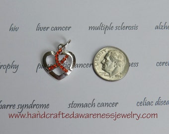 Sterling Silver Plated, Heart, Crystal Orange Ribbon, Awareness Charm, Orange Ribbon Awareness, M.S., CRPS, RSD, Leukemia, COPD, Lupus