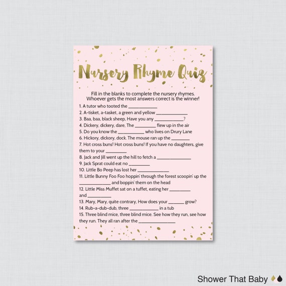 Pink and Gold Nursery Rhyme Quiz Baby Shower Game Printable