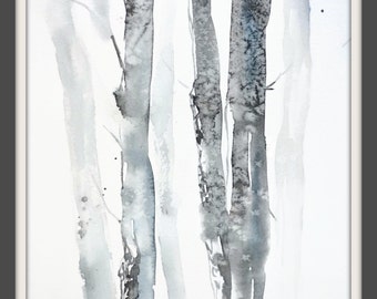 Birch Tree Print Art Landscape, Tree Painting, Tree Watercolor Art Print, Grey Blue Art,Forest Watercolor,White Background,Neutral Color Art