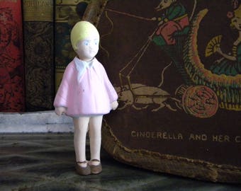 Vintage Bisque Bobble Head Doll in Pink Dress Made in Japan