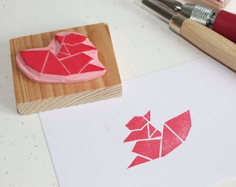 Hand-carved rubber stamp - Origami Squirrel