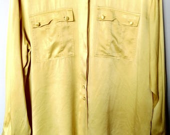 Vintage 90's silk button-up shirt/ Vintage yellow silk shirt/ 90's Italian silk blouse/ Hipster silk shirt