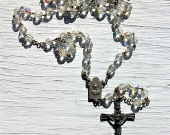 Vintage Crystal Beaded Aurora Borealis AB Rosary Italy