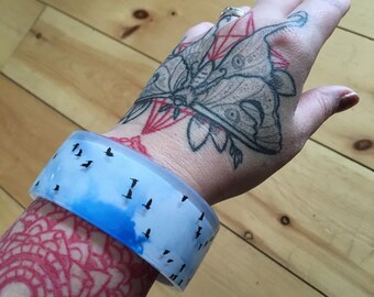 3D birds and clouds wide bracelet cuff 67mm wide and 1.50 inches high