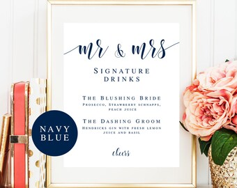 Signature cocktail sign Editable template Navy wedding decor Navy blue decorations Bar menu template Mr and Mrs signature drink sign #vm23