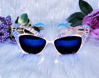 Purple festival sunglasses Burning Man goggles butterfly sunglasses bling sunnies mirror sunglasses embellished shades cat eye sunglasses