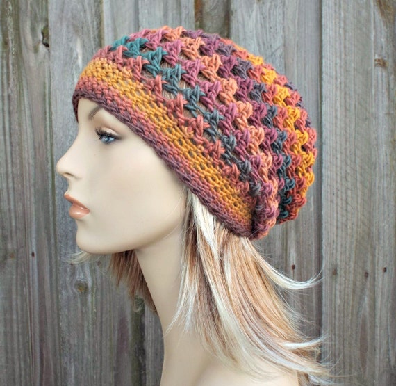 Multi Color Crochet Hat Womens Hat Criss Cross Slouchy Hat