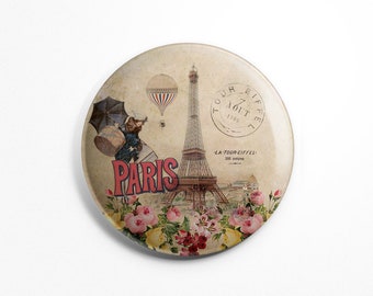 Button Magnet Paris Vintage - Paris Souvenir Eiffel Tower Old Postcard Fridge Round Magnet 56mm diameter Kitchen Decoration