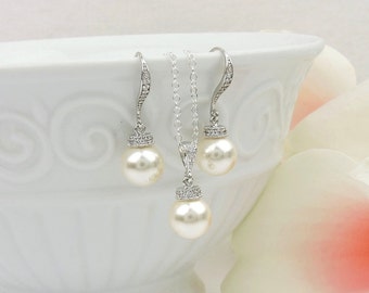 Free US Ship Swarovski Pearl Bridal Necklace And Earring Set Pearl And Cubic Zirconia Bridal Set Pearl Solitare Necklace And Earrings