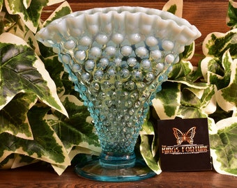 Fenton Glass Vase, 1940-54 Blue Oopalescent Hobnail Footed Fan Vase #1340