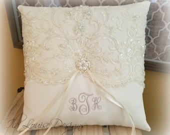 Beaded Alencon Lace Ring Bearer Pillow, Ivory Ring Bearer Pillow, White Lace Pillow, Ring Bearer Pillow, Beaded Ring Bearer Pillow