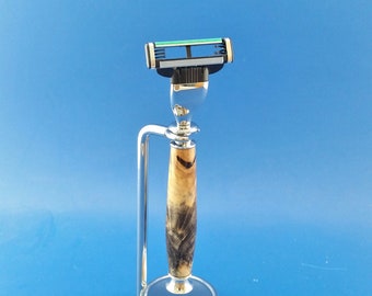 Handcrafted shaving set, razor, stand, Buckeye Burl, Mach 3 or Fusion
