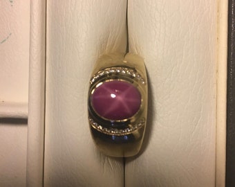 14K Gold Man's Ruby Star Sapphire Ring with Diamond Accents