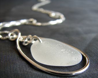 White Sea Glass Necklace / beach wedding / bridesmaid gift / beach glass jewelry / sterling silver sea glass jewelry / teardrop necklace