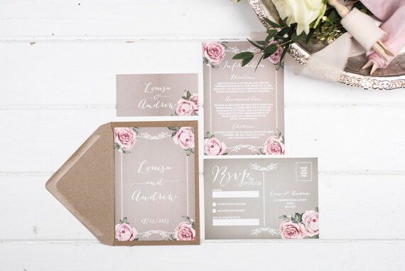 Vintage Wedding Invitation Set - A6 Grey Floral Framed