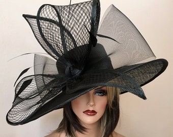 2017 collection.Black wide brim hat! Fashion Hat, Kentucky Derby hat, Royal Ascot hat, , Couture hat, Breeders cup hat