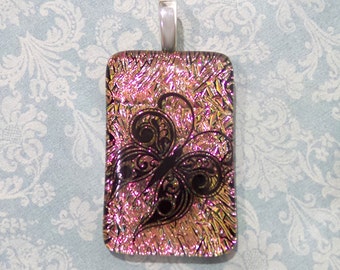 Butterfly Necklace, Pink Dichroic Pendant, Glass Fuse, Ready to Ship, Black Butterfly, Handmade, Fused Glass Jewelry - Carolina--6