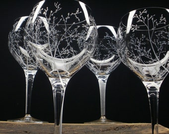4 Red Wine Glasses 17 oz. Hand Engraved Crystal Glass 'Branches And Leaves' Holiday Tableware
