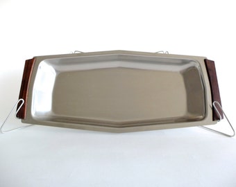 Danish Modern Stainless Steel Tray With Rosewood Handles
