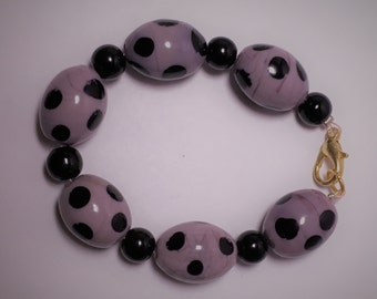 Lavendar and Black Spotted Glass Bead Bracelet