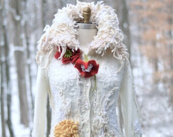 Custom Wedding sweater COAT for MC. Winter Wonderland fantasy white Coat, boho OOAK eco couture outerwear, wearable art for Winter bride