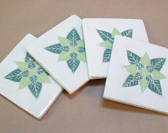 Tile Coaster set of 4, pine & lime green leaf/tile coasters /gift set