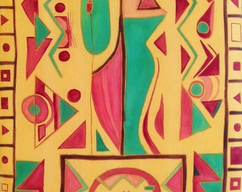 "INCA" decorative sign on painted silk painting.
