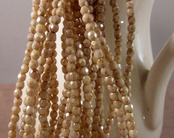 TIRAMASU BITS 2mm Opaque Luster Picasso Firepolish Czech Glass Faceted Rounds - Beige Cream Champagne - Qty 50 2-050
