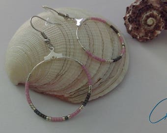 Bohemian hoop earrings with beads Miyuki-pink, grey, silver