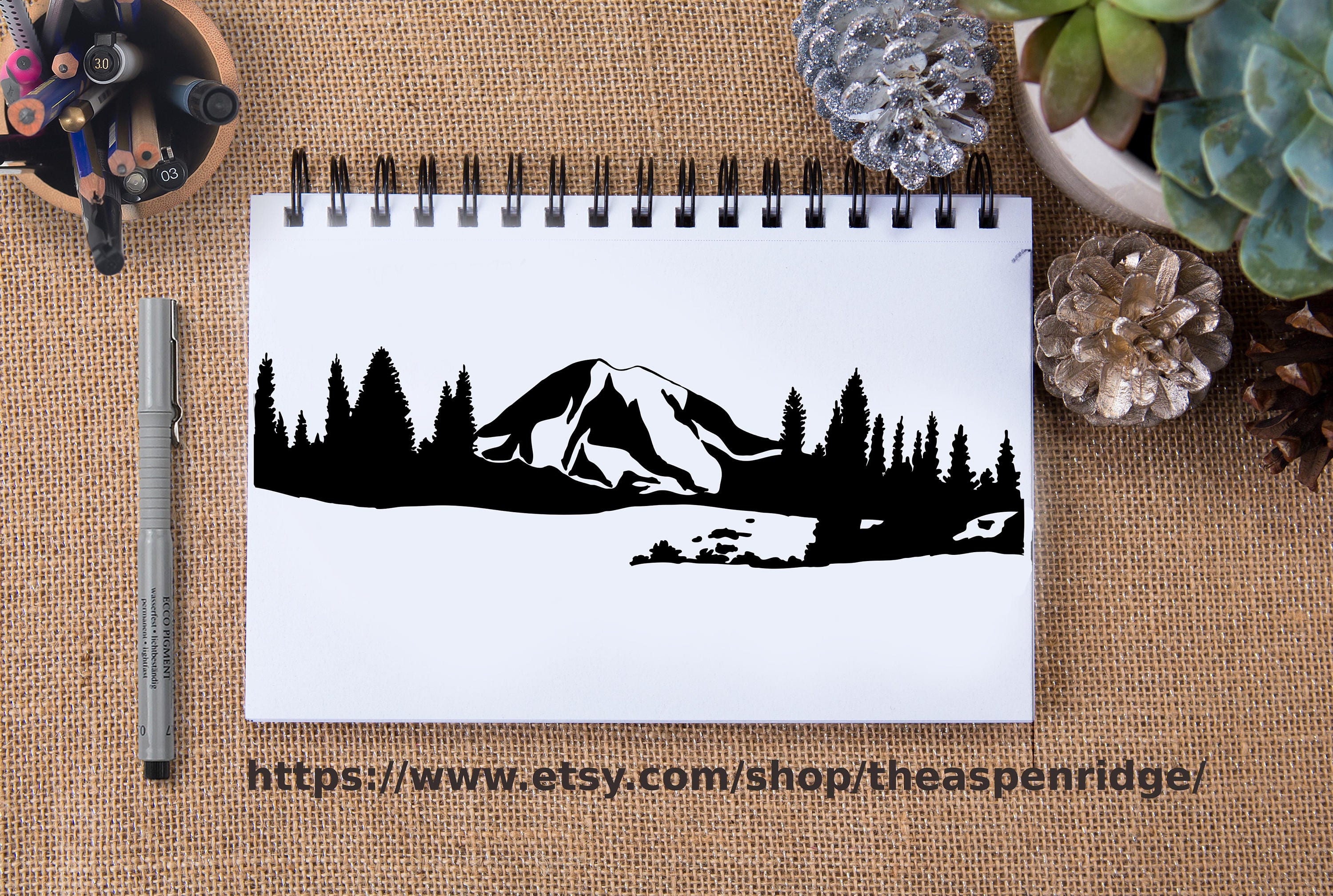 Mt Rainier Hand Drawn Graphic Clip Art Wilderness Vector