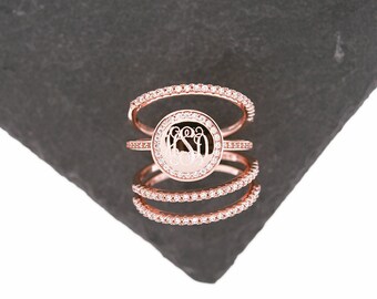 925 Silver CZ Stacking Monogram Ring, Wedding Set, Monogram Stackable Ring, Rose Gold