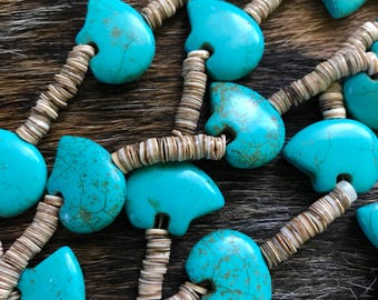 Sale-Vintage Zuni Style Bear Fetish Necklace - Heishi Shell, Siver and Turquoise-Powerful (Sale Was 60.00)