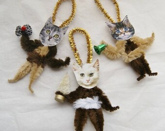 Chenille Ornaments, Cat Ornaments, Primitive Style Chenille Victorian Ornaments, Cat Lover, (190)