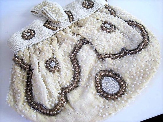 Destash White Purse, Project Piece, Art Deco, Beaded Signed Made in Belgium, Missing Beads