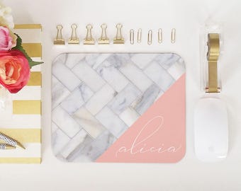Mouse Pads, Mousepads, Home Office Decor, Desk Accessory Mousepad, Computer Mouse Pad Accessories, Personalized - Marble Herringbone