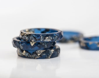 Deep Blue Resin Stacking Ring Gold Flakes Thin Faceted Ring OOAK minimalist jewelry indigo blue