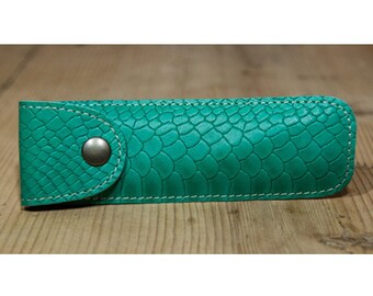 Green snakeskin effect leather pen case