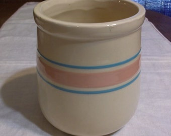 Vintage McCoy Tan Ceramic Canister with Blue and Pink Stripes