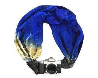 Camera Strap with Lens Pocket - The Original Camera Scarf Strap With Zippered Pocket - Blue and Yellow Tie Dye Print