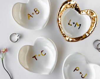 White and Gold Monogrammed Jewelry Dish, Heart Ceramic Ring Dish - Valentine's Day, Ring Holder, Anniversary, Engagement Gift, Modern Mud
