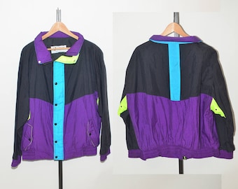 Vtg Horizon Sportswear Color Block Neon Horizon Sportswear Full Zip Outdoor Windbreaker Jacket Mens Large | Vintage Nylon Windbreaker